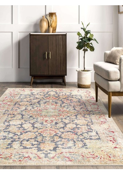 Renkli Göbekli Beyaz Düğüm Desenli Eskitme Model Dokuma Taban Kilim