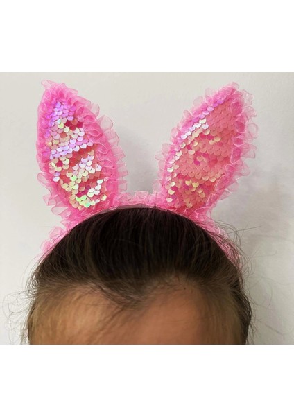 Bfs Kenarları Dantelli Pembe Pullu Payetli LED Işıklı Tavşan Kulak Taç 23X19 cm modelleri