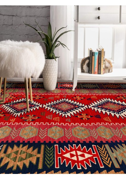 Vitage Hayat Ağacı Kırmızı Desen Etnik Model Dokuma Taban Kilim