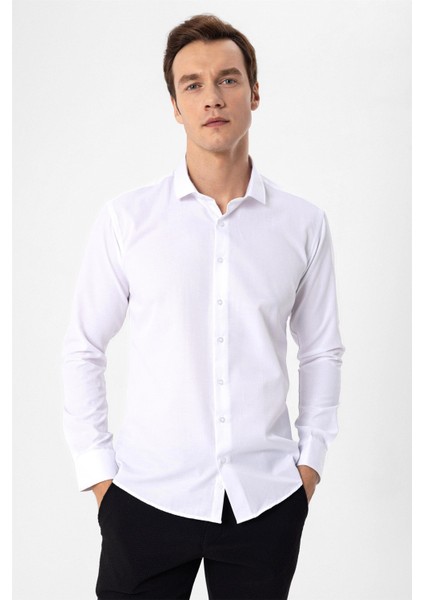 Slim Fit Mikro Desenli Kolay Ütü Teri Emen Nefes Alan Kravat Yaka Dört Mevsim Erkek Gömlek