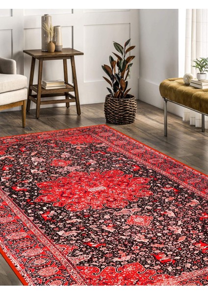 Vitage Kırmızı Göbeklı Etnik At Desenli Eskitme Model Dokuma Taban Kilim