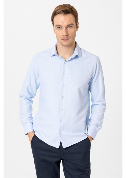 Slim Fit Mikro Desenli Kolay Ütü Teri Emen Nefes Alan Kravat Yaka Dört Mevsim Erkek Gömlek