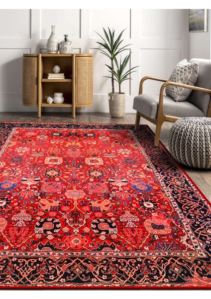 Kırmızı Desenli Etnik Eskitme Model Dokuma Taban Kilim