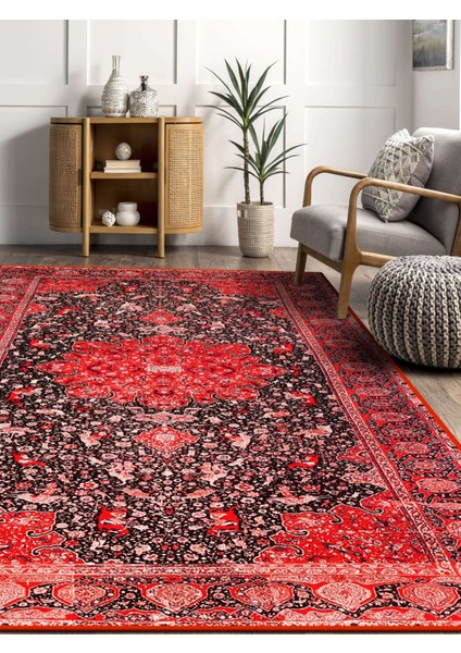 Vitage Kırmızı Göbeklı Etnik At Desenli Eskitme Model Dokuma Taban Kilim modelleri