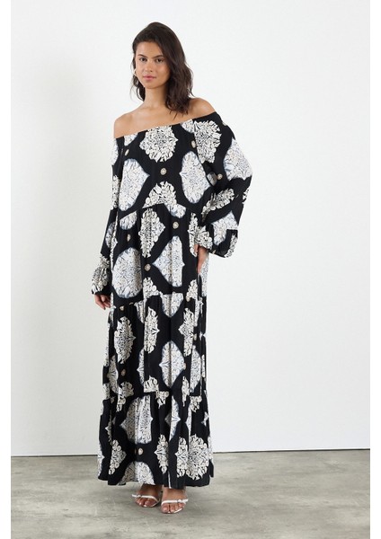 Şal Desenli Madonna Yaka Maxi Elbise Siyah fırsatları