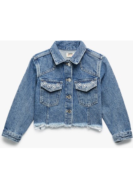 Uzun Kollu Taş Detaylı Cepli Pamuklu Denim Ceket