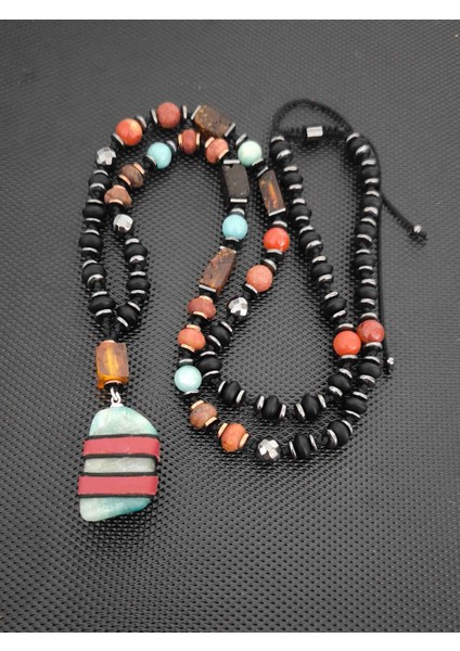 Sertifikalı Fosilli Baltık Damla Kehribar-Amazonit-Jasper-Hematit-Oniks Doğaltaş Kolye Erkek Kolye Kadın Bohem Kolye fiyatları