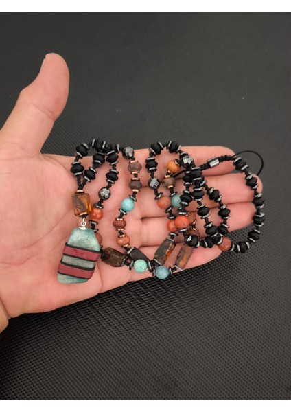 Sertifikalı Fosilli Baltık Damla Kehribar-Amazonit-Jasper-Hematit-Oniks Doğaltaş Kolye Erkek Kolye Kadın Bohem Kolye fırsatları