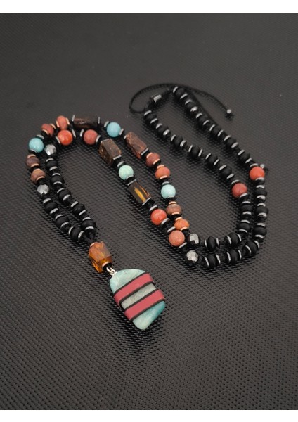 Sertifikalı Fosilli Baltık Damla Kehribar-Amazonit-Jasper-Hematit-Oniks Doğaltaş Kolye Erkek Kolye Kadın Bohem Kolye indirimleri