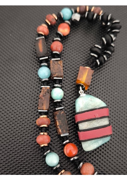 Sertifikalı Fosilli Baltık Damla Kehribar-Amazonit-Jasper-Hematit-Oniks Doğaltaş Kolye Erkek Kolye Kadın Bohem Kolye