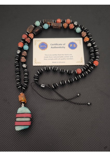 Sertifikalı Fosilli Baltık Damla Kehribar-Amazonit-Jasper-Hematit-Oniks Doğaltaş Kolye Erkek Kolye Kadın Bohem Kolye