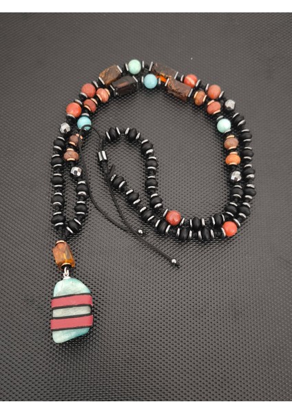 Sertifikalı Fosilli Baltık Damla Kehribar-Amazonit-Jasper-Hematit-Oniks Doğaltaş Kolye Erkek Kolye Kadın Bohem Kolye