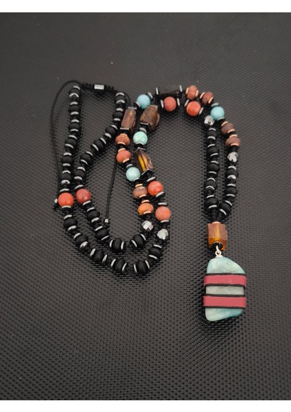 Sertifikalı Fosilli Baltık Damla Kehribar-Amazonit-Jasper-Hematit-Oniks Doğaltaş Kolye Erkek Kolye Kadın Bohem Kolye