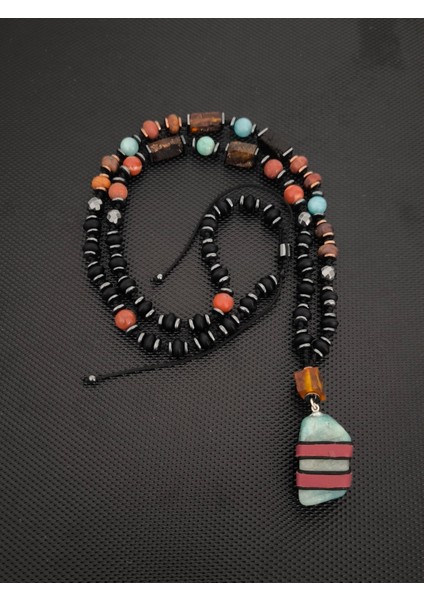 Sertifikalı Fosilli Baltık Damla Kehribar-Amazonit-Jasper-Hematit-Oniks Doğaltaş Kolye Erkek Kolye Kadın Bohem Kolye