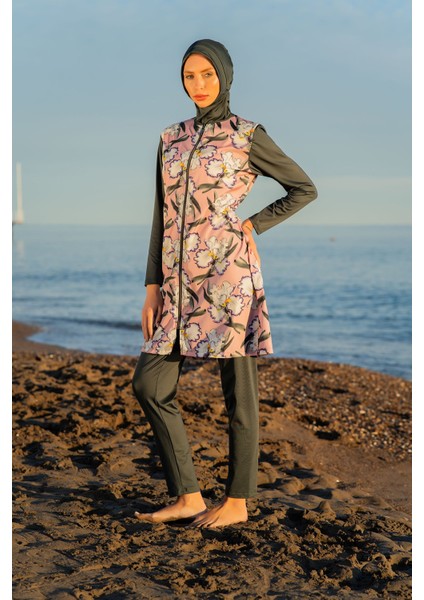 2451-2 Çiçek Desenli Fermuarlı Paraşüt Kumaş Tesettür Mayo