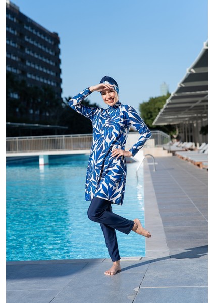 25208-2 Yaprak Desenli Lycra ( Su Itici ve Çabuk Kuruyan ) Kumaş Tesettür Mayo