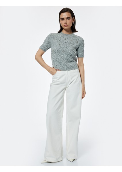 Regular Fit Kısa Kollu Bisiklet Yaka Taşlı Saç Örgü Kazak