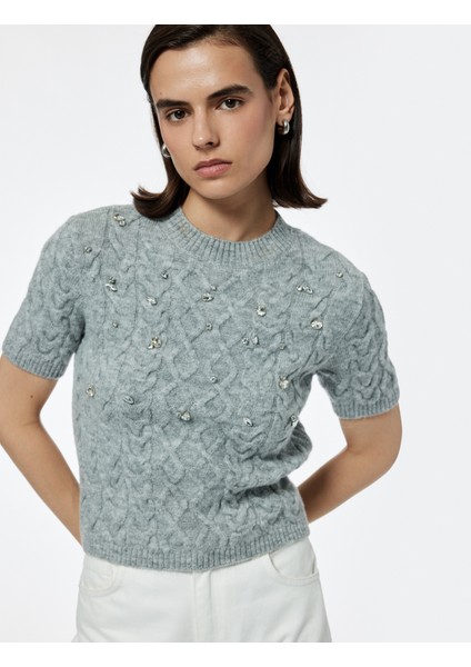 Regular Fit Kısa Kollu Bisiklet Yaka Taşlı Saç Örgü Kazak fiyatları