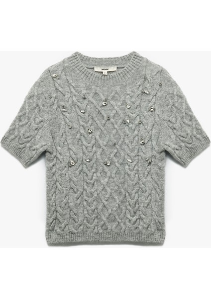 Regular Fit Kısa Kollu Bisiklet Yaka Taşlı Saç Örgü Kazak modelleri