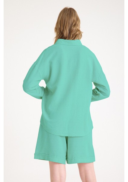 Yazlık Uzun Kol Gömlek Şort Ikili Keten Su Yeşili Takım fiyatları