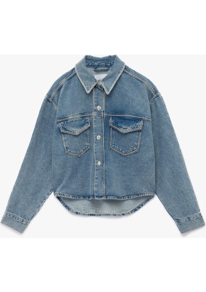 Klasik Yaka Uzun Kollu Pamuklu Düğmeli Cepli Taşlı Denim Ceket