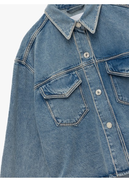 Klasik Yaka Uzun Kollu Pamuklu Düğmeli Cepli Taşlı Denim Ceket modelleri