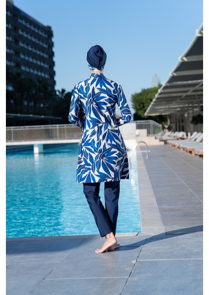 25208-2 Yaprak Desenli Lycra ( Su Itici ve Çabuk Kuruyan ) Kumaş Tesettür Mayo modelleri