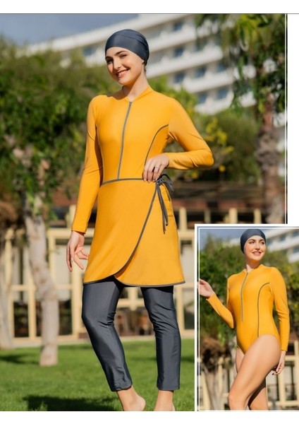 2414-1 Fermuarlı Parçalı Yarı Kapalı – 3’lü Set Lycra Tesettür Mayo