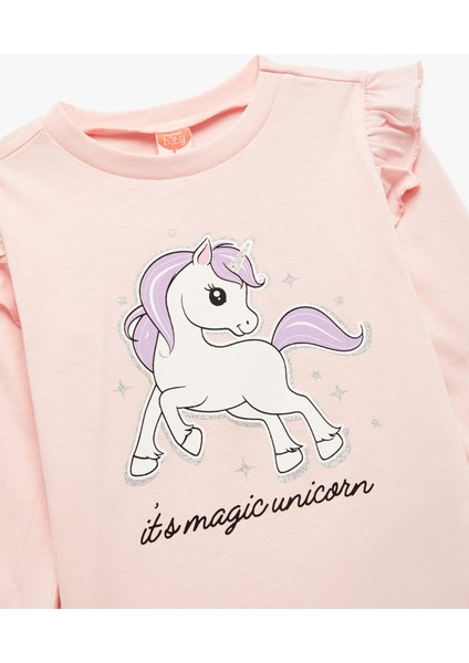 Unicorn Baskılı Pamuklu Uzun Kollu Bisiklet Yaka Tişört modelleri