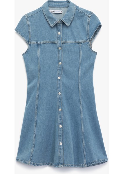 Kısa Kollu Düğmeli Gömlek Yaka Mini Denim Elbise