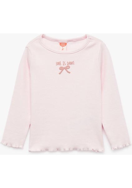 Pamuklu Kaşkorse Bisiklet Yaka Fiyonk Işlemeli Uzun Kollu Tişört