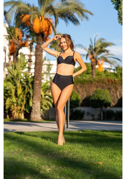 25117-3 Büzgülü Model Yüksek Bel Kaplı Dolgulu Lycra Kumaş Bikini