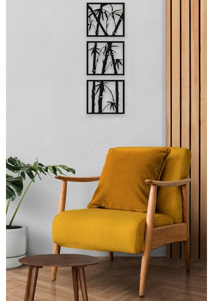 Doğal Tarz 3’lü Bambu Tasarımlı Ahşap Duvar Dekorasyonu | 25X22 cm Mdf Dekor