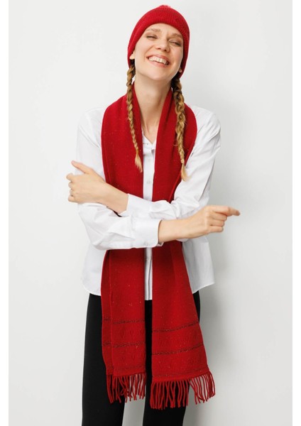 Kadın Simli Jakarlı Ponponlu Yün Şapka K.kırmızı modelleri