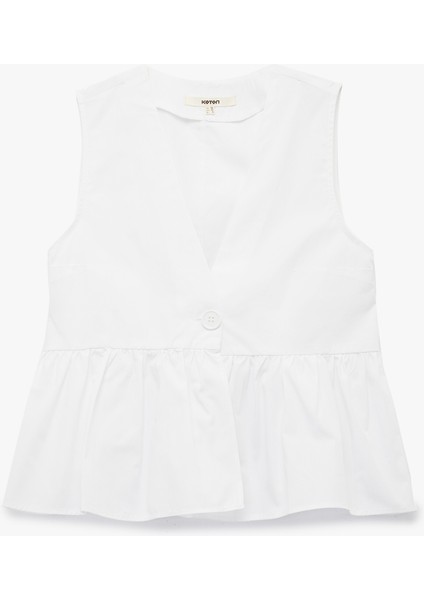 Pamuklu V Yaka Peplum Düğme Detaylı Kolsuz Poplin Bluz
