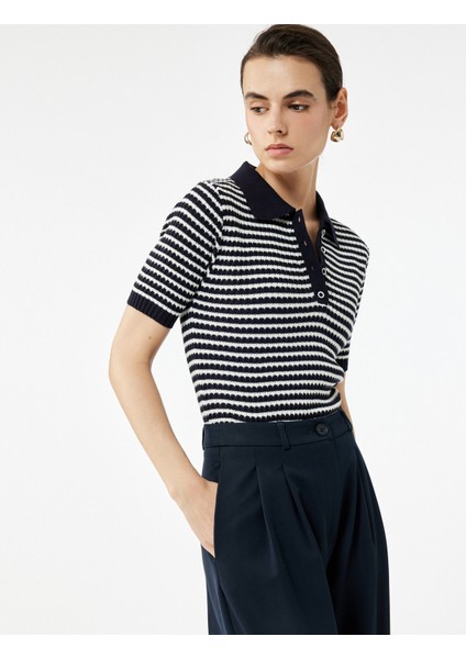 Kısa Kollu Çizgili Düğmeli Triko Polo Yaka Kazak