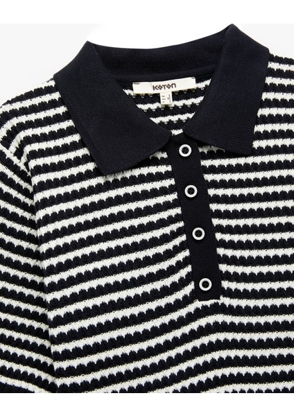 Kısa Kollu Çizgili Düğmeli Triko Polo Yaka Kazak indirimleri