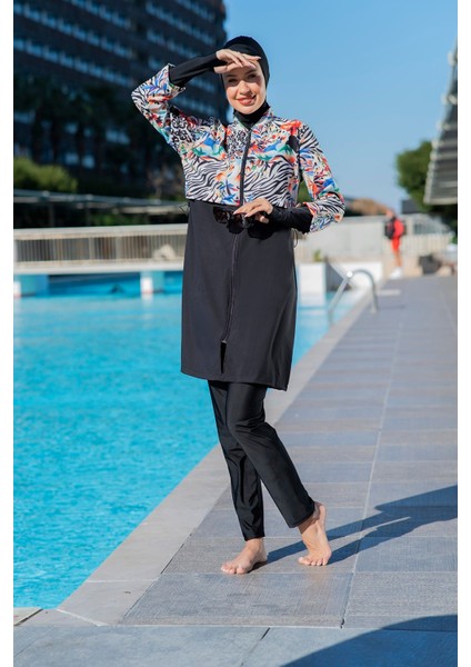 25217-1 Desenli Crop Model Lycra Paraşüt Kumaş Tesettür Mayo