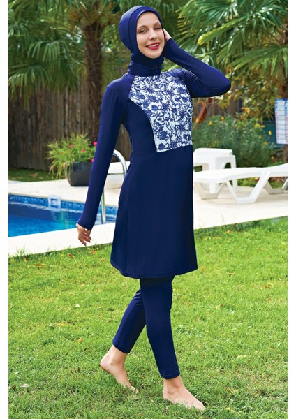 2429-2 Büyük Beden Desenli Fermuarlı Lycra Kumaş Tesettür Mayo