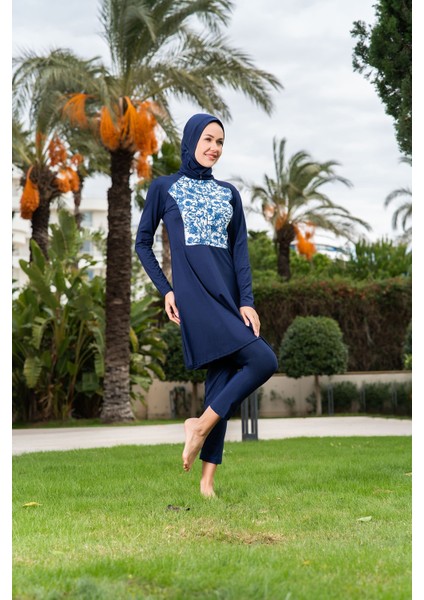 2429-2 Büyük Beden Desenli Fermuarlı Lycra Kumaş Tesettür Mayo modelleri