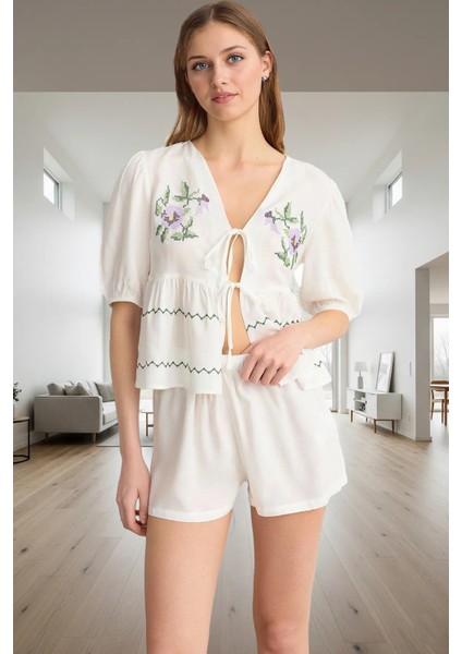 Kadın Yazlık Viskon Pijama Takımı Nakışlı Fiyonk Detaylı Rahat Trend Tasarım Modern Stil fiyatları