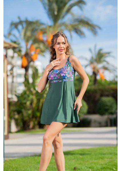 25158-6 Çiçek Desenli Kemerli Lycra Kumaş Elbise Mayo