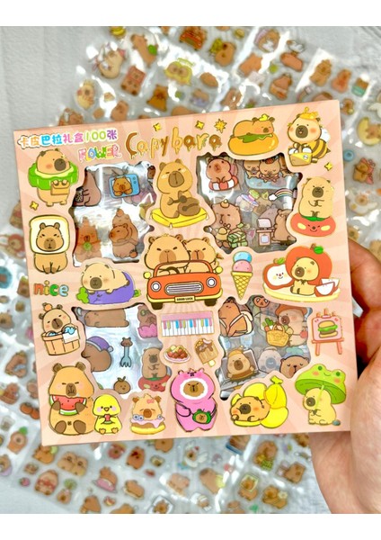4 Bölmeli 100 Yaprak Capybara Desenli Şeffat Pet Sticker Su Geçirmez Sevimli Dostlar ile Yolculuk