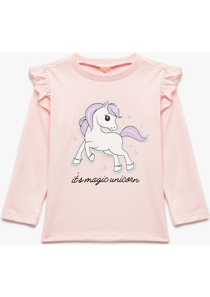 Unicorn Baskılı Pamuklu Uzun Kollu Bisiklet Yaka Tişört