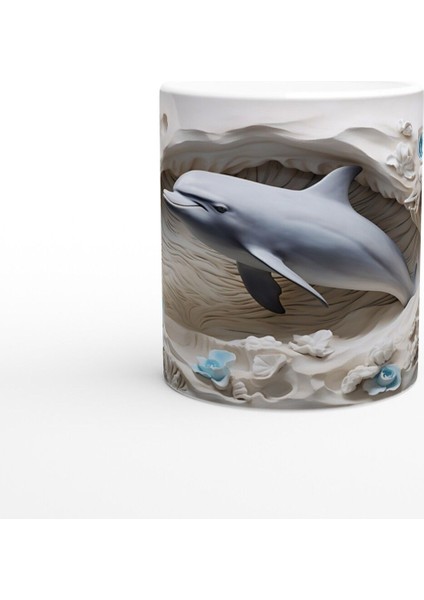 Buz Mavisi Çiçeklerle Yunus Desenli Su Altı Temalı Kupa Bardak