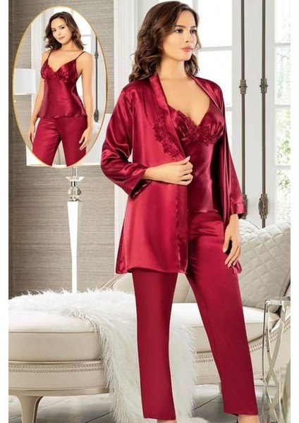 2103 Kadın Bordo Saten Sabahlıklı Pijama Takım
