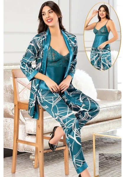 2151 Kadın Petrol Saten Empirme Sabahlıklı Pijama Takım