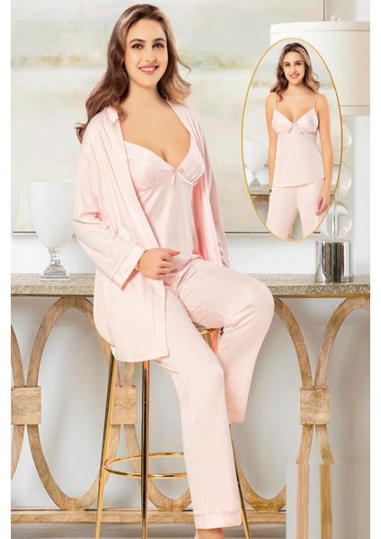 5015 Kadın Pudra Penye Sabahlıklı 3 Lü Pijama Takım