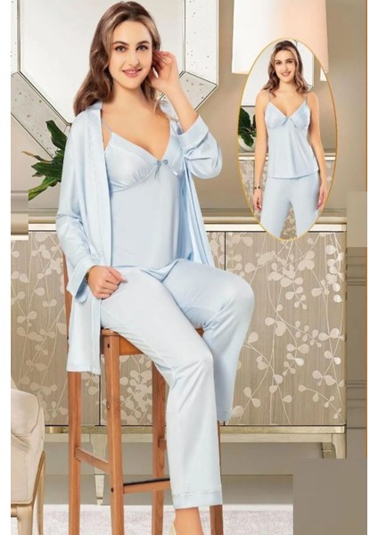 5015 Kadın Mavı Penye Sabahlıklı 3 Lü Pijama Takım