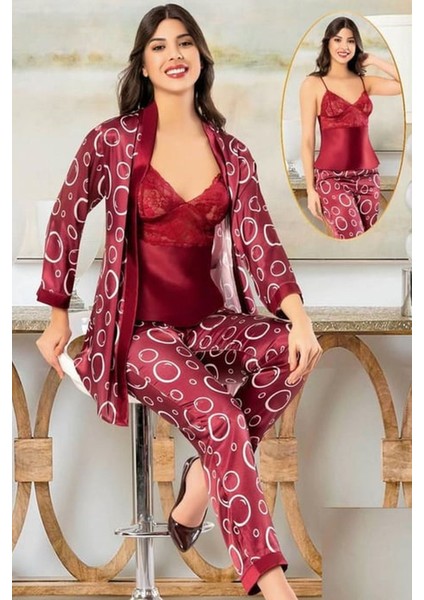 2152 Kadın Bordo Saten Empirme Sabahlıklı Pijama Takım